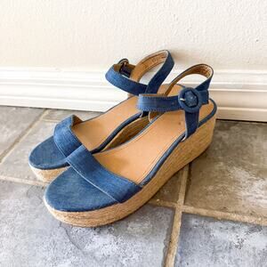 LOFT Denim Espadrille Wedge Sandals Ankle Strap Blue Women’s 9
